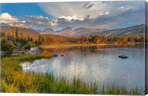 Framed Sunrise On Hallett Peak And Flattop Mountain Above Sprague Lake, Rocky Mountain National Park, Colorado Print