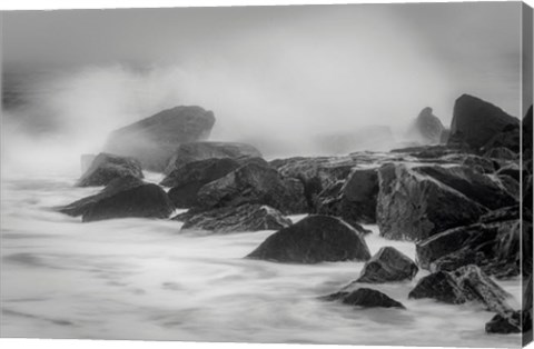 Framed New Jersey, Cape May, Black And White Of Beach Waves Hitting Rocks Print