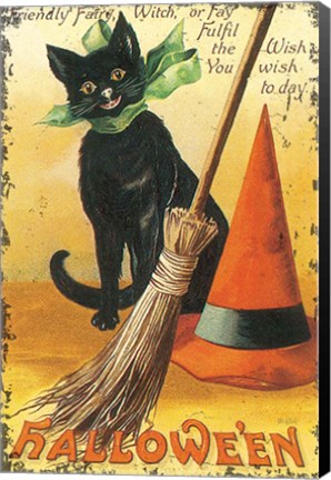 Framed Halloween Nostalgia Cat with Broom Print