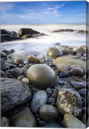 Framed Sunrise On Coast Beach And Rocks Print