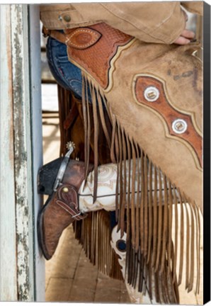 Framed Cowgirl Standing In Doorway Of Old Log Cabin Print