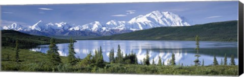 Framed Snow Covered Mountain Range At The Lakeside, Mt Mckinley, Wonder Lake, Alaska Print