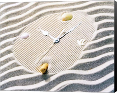 Framed Clock Made Of Sand With Shells And Striated Background Print