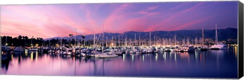 Framed Boats Moored In Harbor At Sunset, Santa Barbara Harbor, California Print