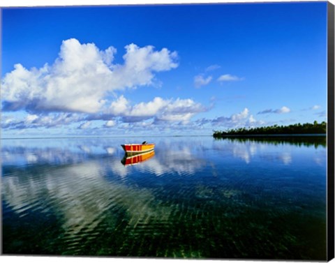 Framed Reflection Of Clouds And Boat On Water, Tahiti Print