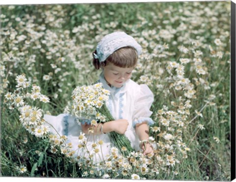 Framed Little Girl In White Hat And Dress Picking Daises Print