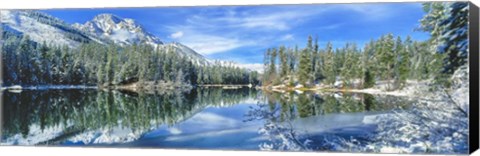 Framed Snow Covered Mountain And Trees Reflected In Lake, Grand Tetons, Wyoming Print