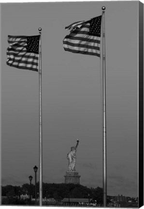 Framed Flags Fly Over Statue Of Liberty, Jersey City, New Jersey Print