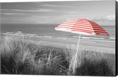 Framed Beach Umbrella On The Beach, Saunton, North Devon, England Print