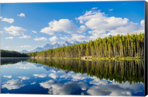 Framed Scenic Landscape Reflecting In Lake At Banff National Park, Alberta, Canada Print