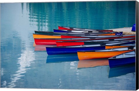 Framed Colorful Rowboats Moored In Calm Lake, Alberta, Canada Print