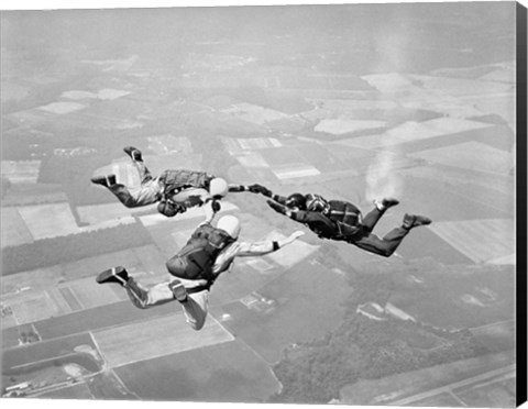 Framed Three Men Holding Hands Sky Diving Print