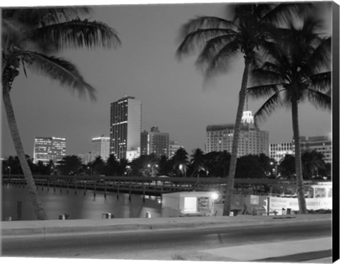 Framed Night View Skyline With Palm Trees Miami Florida Print