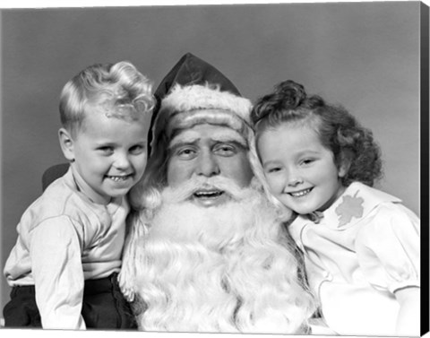 Framed Santa Claus Posing With Young Boy And Girl Print