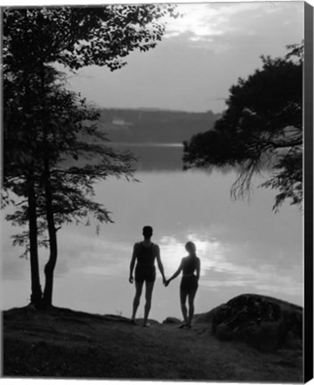 Framed Man And Woman In Bathing Suits Holding Hands Watching Sunset Lakeside Print