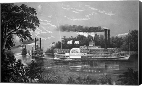 Framed Steamboats Rounding A Bend On Mississippi River Parting Salute Currier &amp; Ives Lithograph 1866 Print