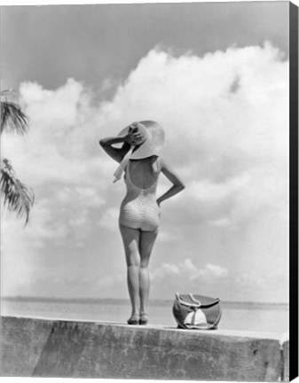 Framed Woman Standing On Tropical Beach Wall Print