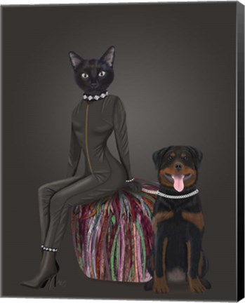 Framed Black Cat and Rottweiler Print