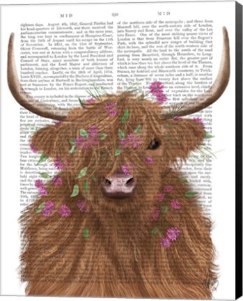 Framed Highland Cow 1, Pink Flowers Book Print Print