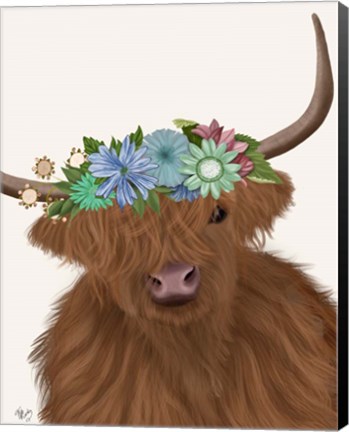 Framed Highland Cow with Flower Crown 2, Portrait Print