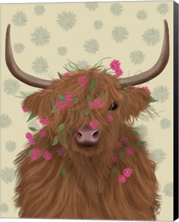 Framed Highland Cow 1, Pink Flowers Print