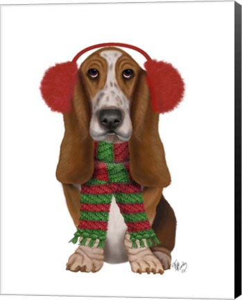 Framed Christmas Des - Basset Hound and Ear Muffs Print