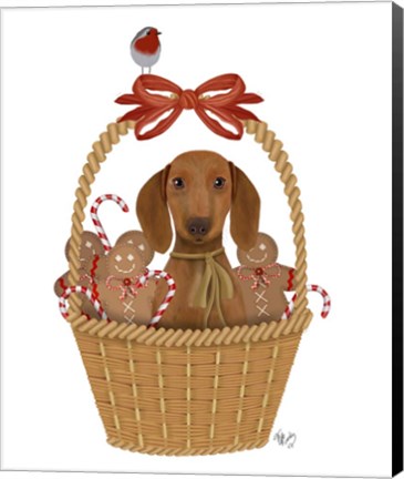 Framed Christmas Des - Dog in Basket with Gingerbread Men Print