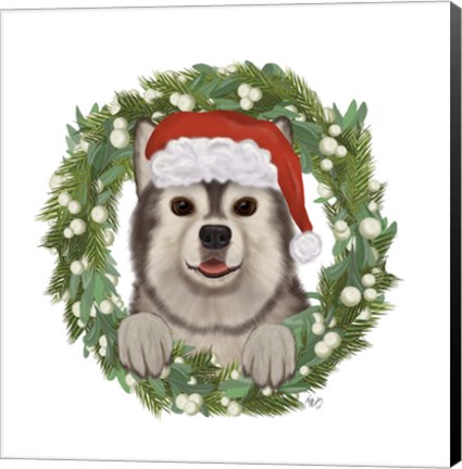 Framed Christmas Des - Husky Wreath Print