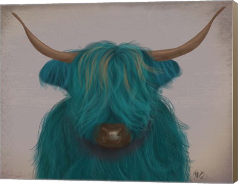 Framed Highland Cow 3, Turquoise, Portrait Print