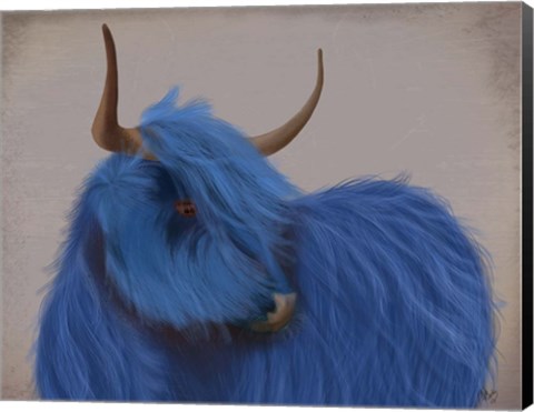 Framed Highland Cow 2, Blue, Portrait Print