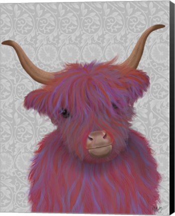 Framed Highland Cow 7, Pink And Purple, Portrait Print