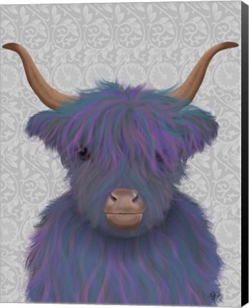 Framed Highland Cow 7, Purple, Portrait Print