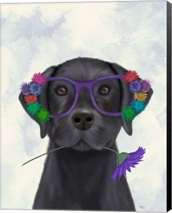 Framed Black Labrador and Flower Glasses Print