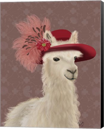 Framed Llama Red Feather Hat Print