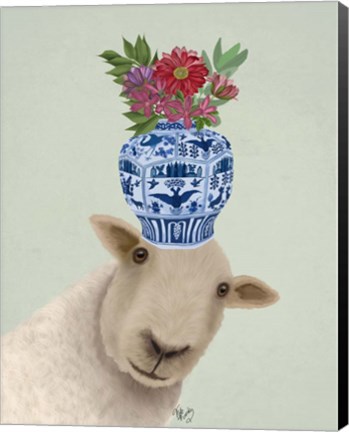 Framed Sheep with Vase of Flowers Print