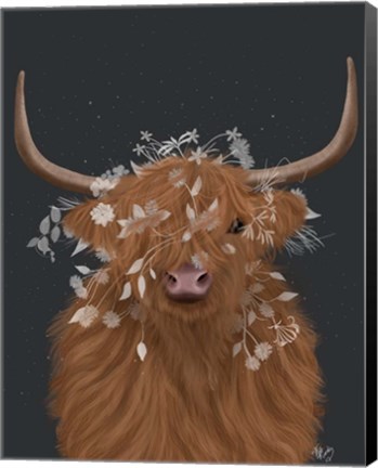 Framed Highland Cow 1, White Flowers Print