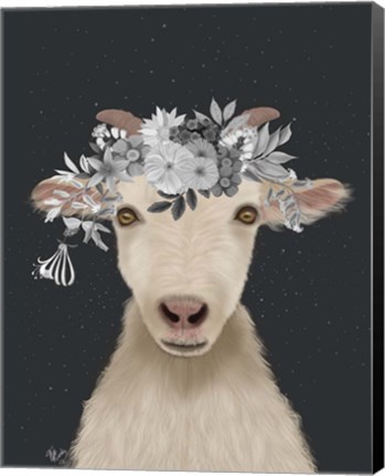 Framed Goat 1, White Flowers Print