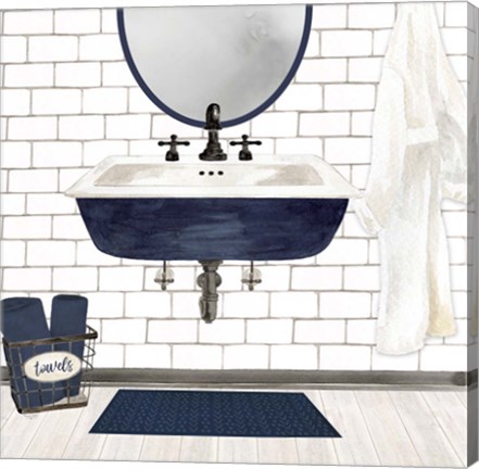 Framed Farmhouse Bath II Navy-Sink Print