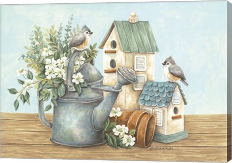 Framed Watering Can and Chickadees Print