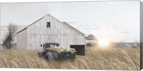 Framed Navy Blue Truck with Flowers Print