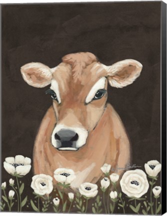 Framed Cow With Flowers Print