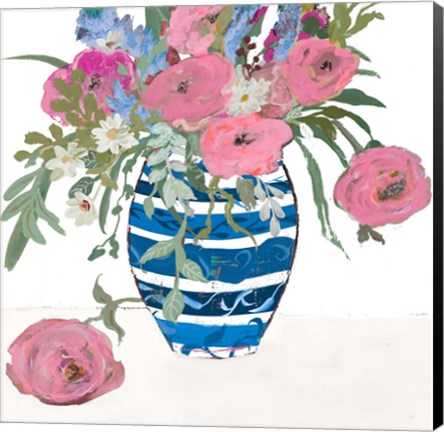 Framed Blue Vase of Pink Roses Print