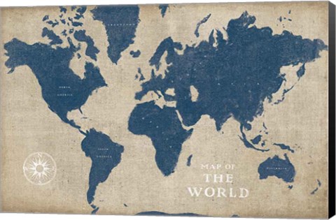 Framed Burlap World Map I Navy Print