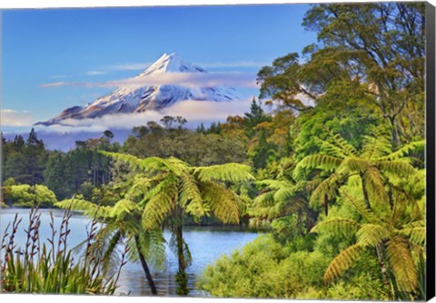 Framed Taranaki Mountain and Lake Mangamahoe, New Zealand Print