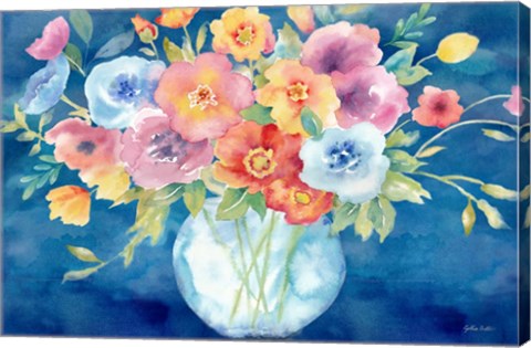 Framed Bright Poppies Vase Navy Print