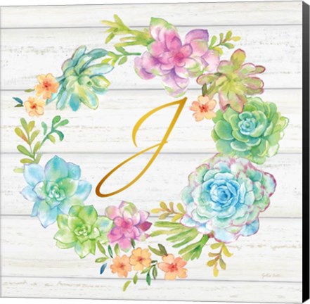 Framed Sweet Succulents Wreath Monogram J gold Print