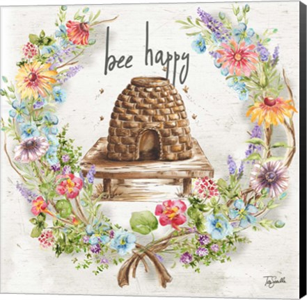 Framed Honey Bee and Herb Blossom Wreath II Print