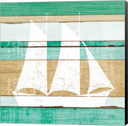 Framed Beachscape V Boat Green Print