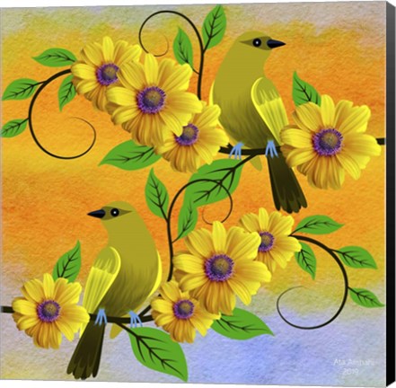 Framed Yellow Flower Bird Print