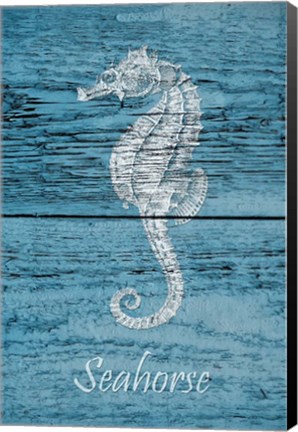 Framed Seahorse on Blue Wood Print